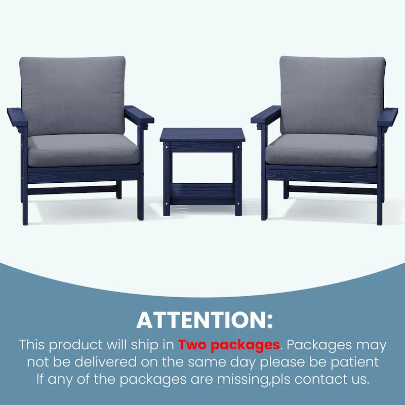 Ensemble de conversation d'extérieur en PEHD pour terrasse, 2 fauteuils et table d'extrémité double, coussins amovibles inclus