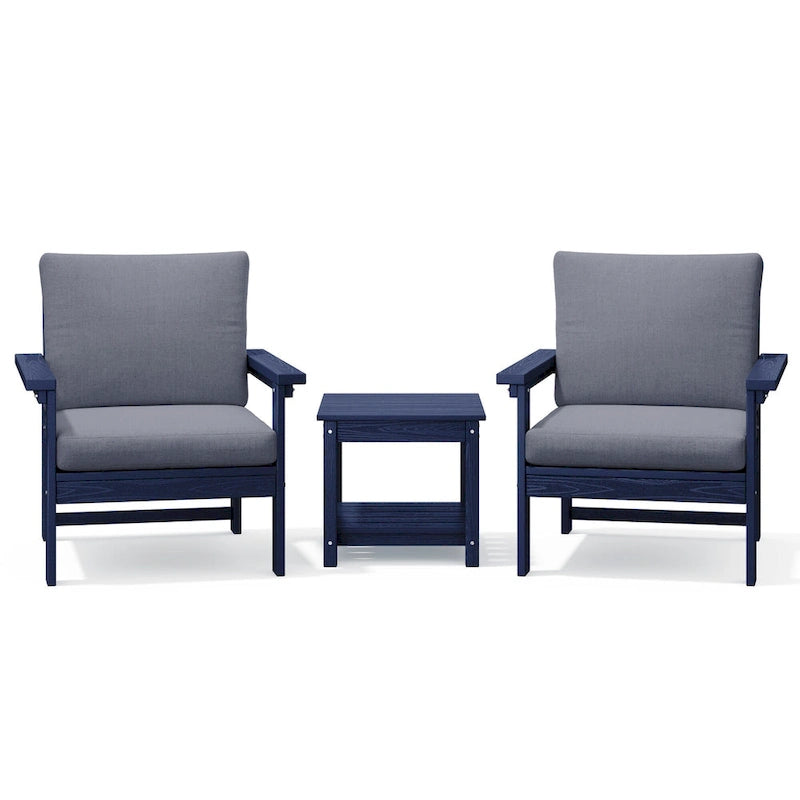 Ensemble de conversation d'extérieur en PEHD pour terrasse, 2 fauteuils et table d'extrémité double, coussins amovibles inclus