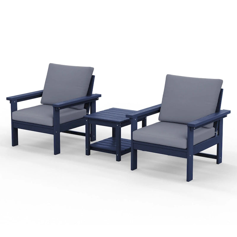 Ensemble de conversation d'extérieur en PEHD pour terrasse, 2 fauteuils et table d'extrémité double, coussins amovibles inclus
