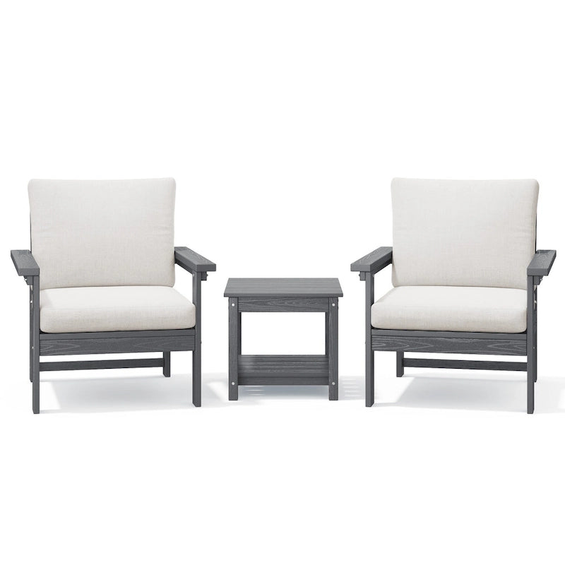 Ensemble de conversation d'extérieur en PEHD pour terrasse, 2 fauteuils et table d'extrémité double, coussins amovibles inclus