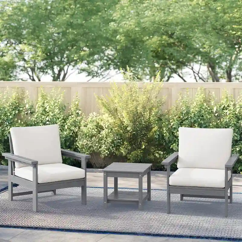 Ensemble de conversation d'extérieur en PEHD pour terrasse, 2 fauteuils et table d'extrémité double, coussins amovibles inclus