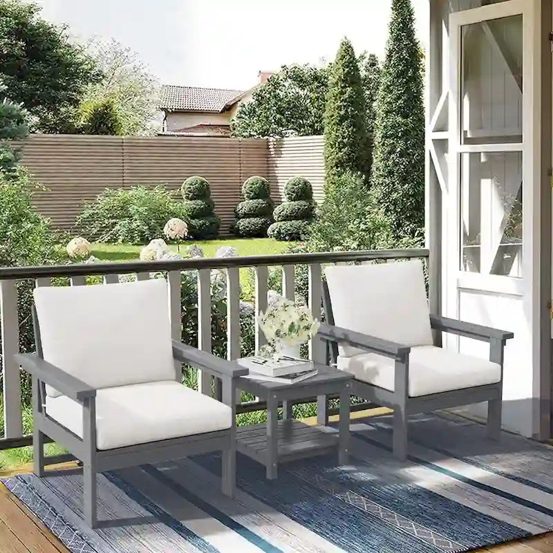 Ensemble de conversation d'extérieur en PEHD pour terrasse, 2 fauteuils et table d'extrémité double, coussins amovibles inclus