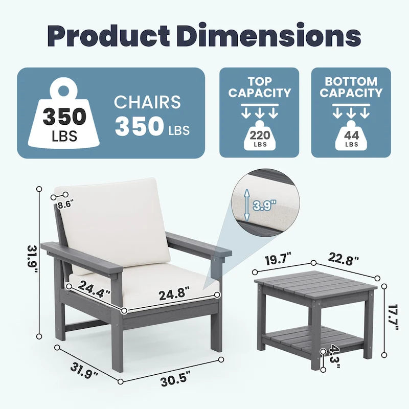 Ensemble de conversation d'extérieur en PEHD pour terrasse, 2 fauteuils et table d'extrémité double, coussins amovibles inclus
