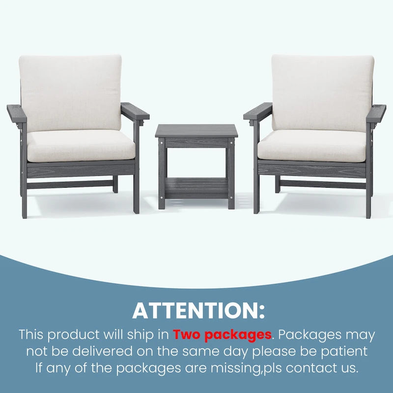 Ensemble de conversation d'extérieur en PEHD pour terrasse, 2 fauteuils et table d'extrémité double, coussins amovibles inclus