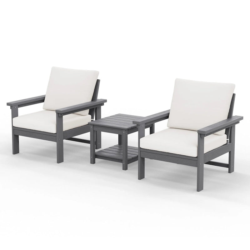 Ensemble de conversation d'extérieur en PEHD pour terrasse, 2 fauteuils et table d'extrémité double, coussins amovibles inclus