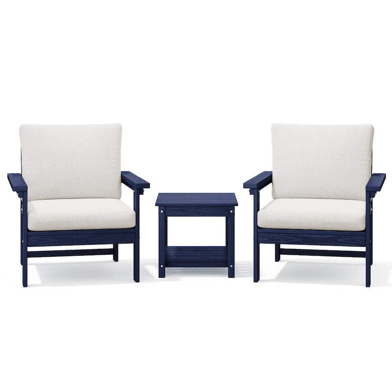 Ensemble de conversation d'extérieur en PEHD pour terrasse, 2 fauteuils et table d'extrémité double, coussins amovibles inclus