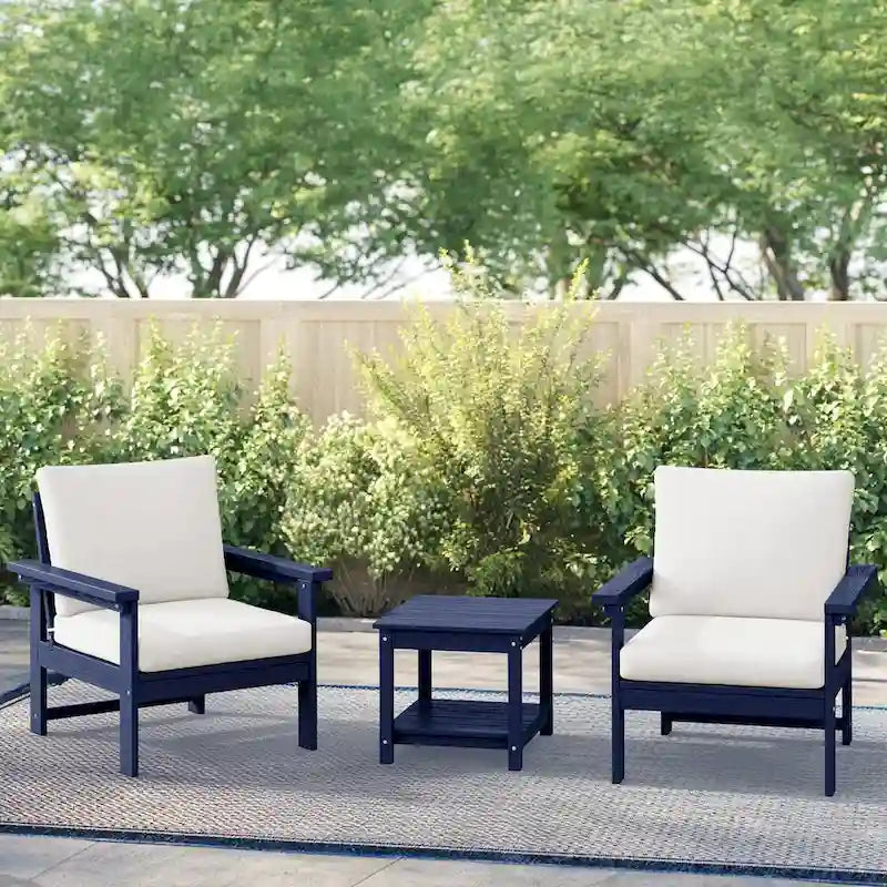 Ensemble de conversation d'extérieur en PEHD pour terrasse, 2 fauteuils et table d'extrémité double, coussins amovibles inclus