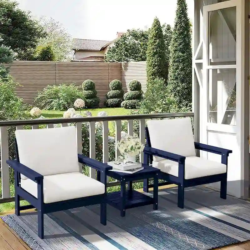 Ensemble de conversation d'extérieur en PEHD pour terrasse, 2 fauteuils et table d'extrémité double, coussins amovibles inclus