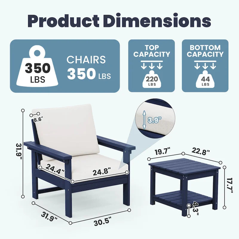 Ensemble de conversation d'extérieur en PEHD pour terrasse, 2 fauteuils et table d'extrémité double, coussins amovibles inclus