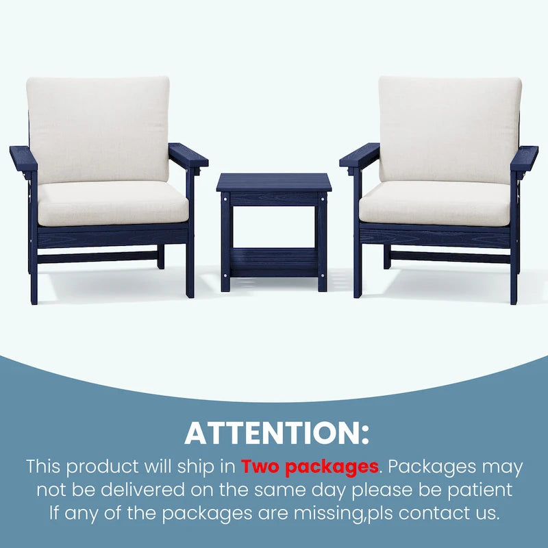 Ensemble de conversation d'extérieur en PEHD pour terrasse, 2 fauteuils et table d'extrémité double, coussins amovibles inclus
