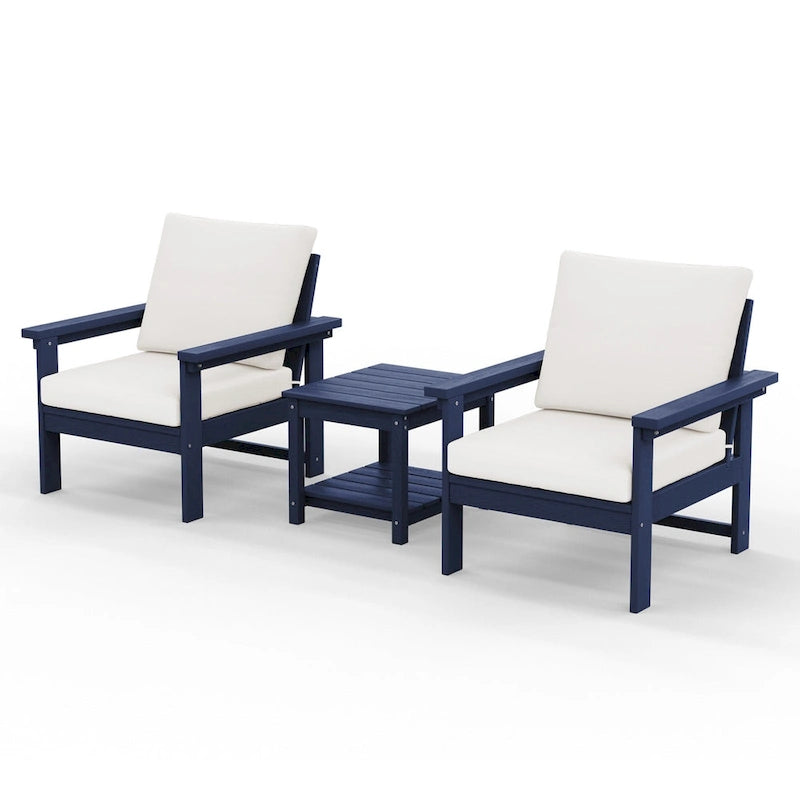 Ensemble de conversation d'extérieur en PEHD pour terrasse, 2 fauteuils et table d'extrémité double, coussins amovibles inclus