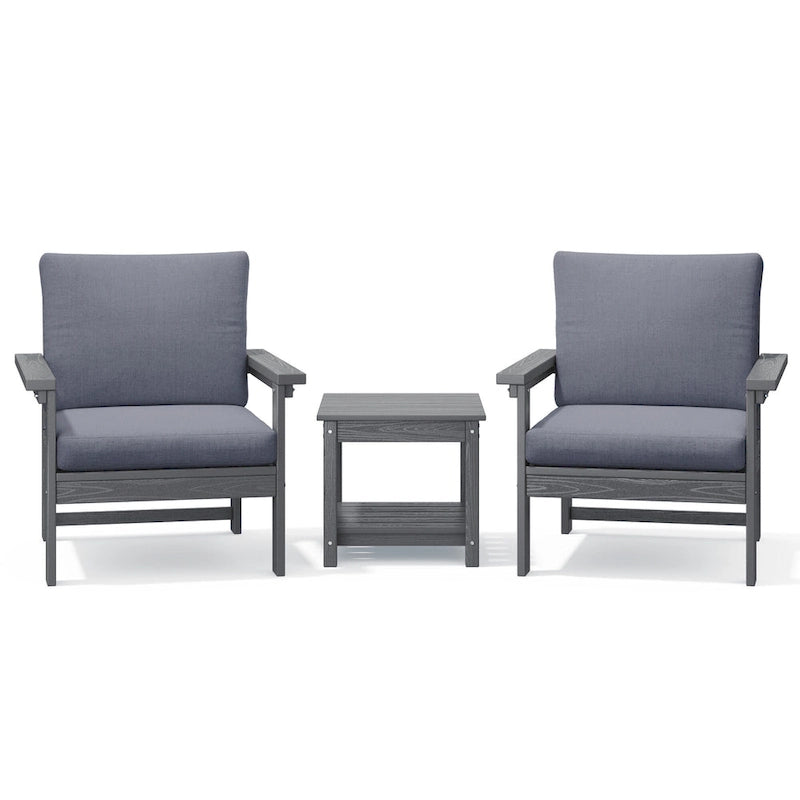 Ensemble de conversation d'extérieur en PEHD pour terrasse, 2 fauteuils et table d'extrémité double, coussins amovibles inclus