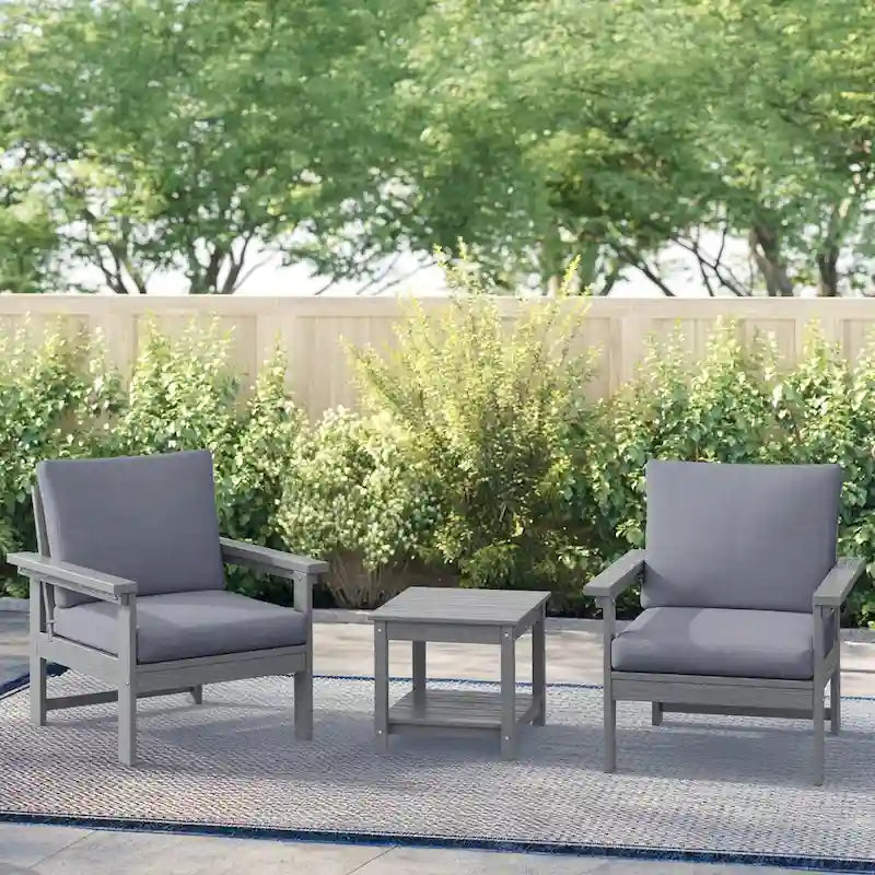 Ensemble de conversation d'extérieur en PEHD pour terrasse, 2 fauteuils et table d'extrémité double, coussins amovibles inclus