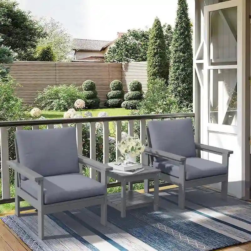 Ensemble de conversation d'extérieur en PEHD pour terrasse, 2 fauteuils et table d'extrémité double, coussins amovibles inclus