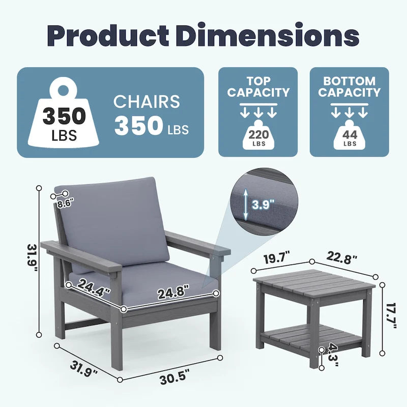 Ensemble de conversation d'extérieur en PEHD pour terrasse, 2 fauteuils et table d'extrémité double, coussins amovibles inclus