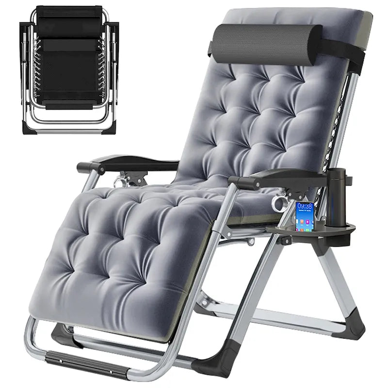 Fauteuil inclinable zéro gravité haut de gamme – Chaise longue d'extérieur pliable réglable avec coussin, appui-tête et tablette amovibles pour patio/pelouse