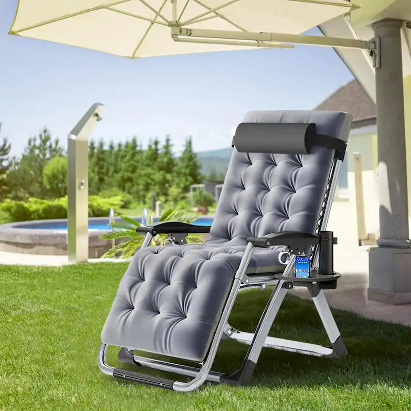 Fauteuil inclinable zéro gravité haut de gamme – Chaise longue d'extérieur pliable réglable avec coussin, appui-tête et tablette amovibles pour patio/pelouse