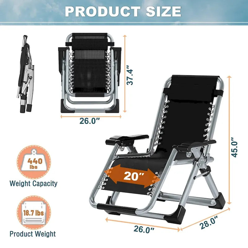 Fauteuil inclinable zéro gravité haut de gamme – Chaise longue d'extérieur pliable réglable avec coussin, appui-tête et tablette amovibles pour patio/pelouse