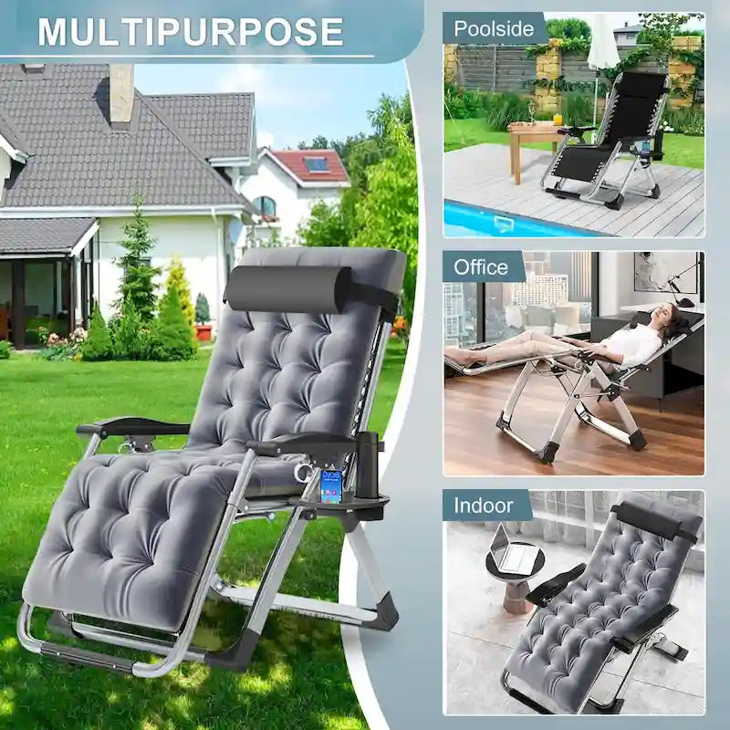 Fauteuil inclinable zéro gravité haut de gamme – Chaise longue d'extérieur pliable réglable avec coussin, appui-tête et tablette amovibles pour patio/pelouse