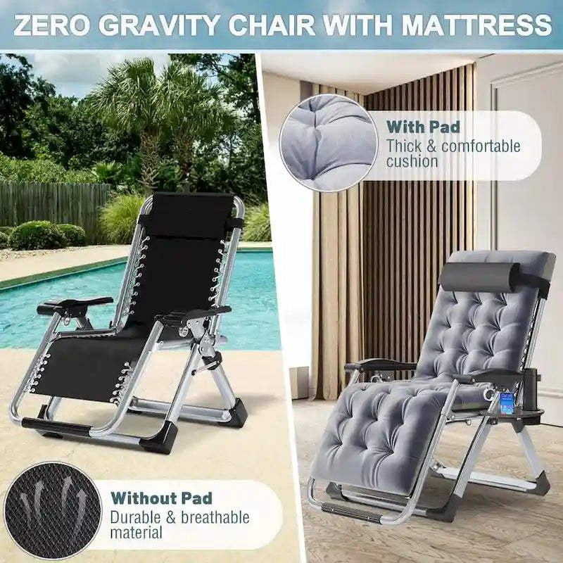Fauteuil inclinable zéro gravité haut de gamme – Chaise longue d'extérieur pliable réglable avec coussin, appui-tête et tablette amovibles pour patio/pelouse