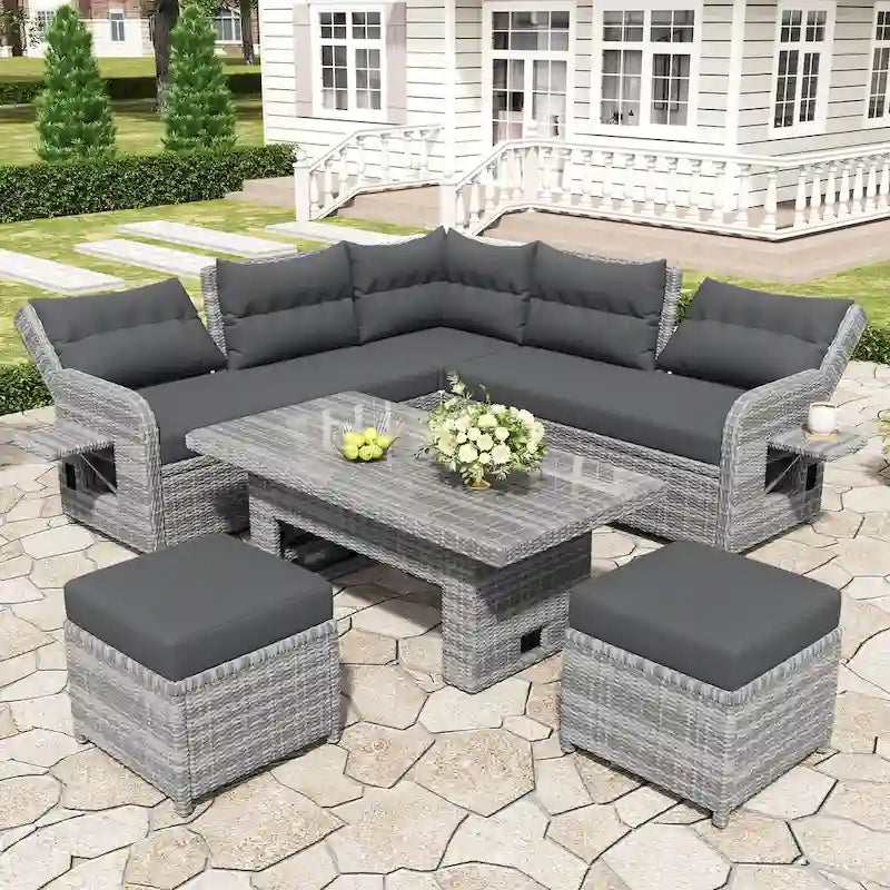 Outdoor Rattan Sectional Sofa Set with Adjustable Table & Recliners