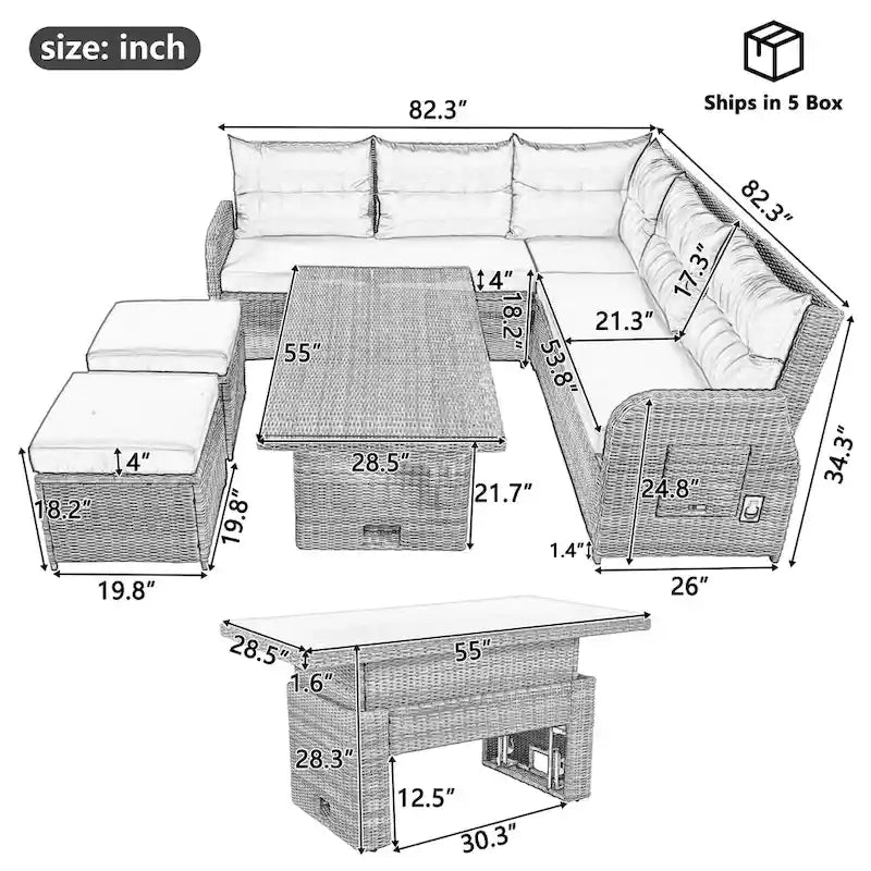 Canapé d'angle d'extérieur en rotin avec table réglable et fauteuils inclinables