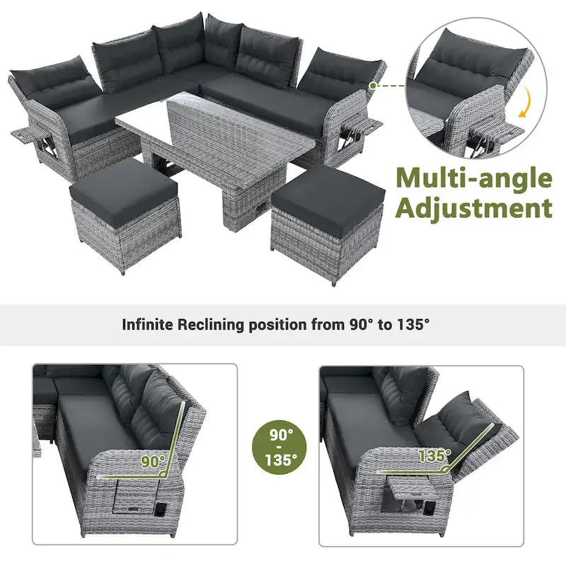 Canapé d'angle d'extérieur en rotin avec table réglable et fauteuils inclinables