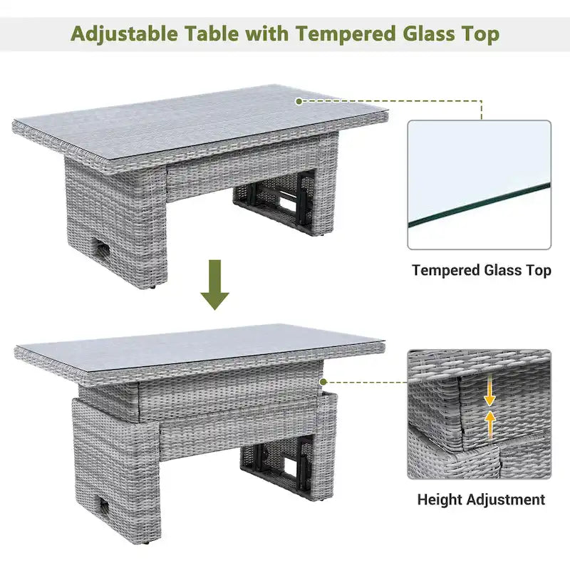 Canapé d'angle d'extérieur en rotin avec table réglable et fauteuils inclinables