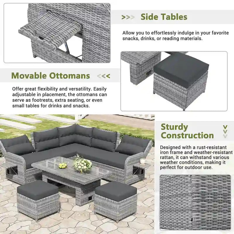 Canapé d'angle d'extérieur en rotin avec table réglable et fauteuils inclinables