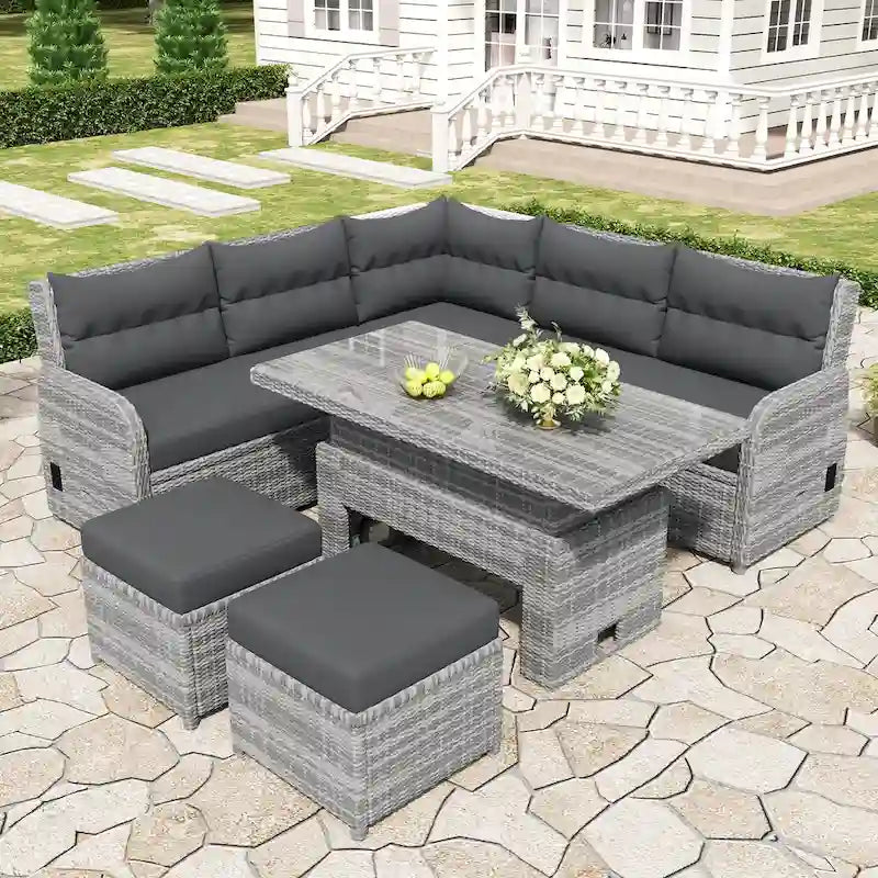 Canapé d'angle d'extérieur en rotin avec table réglable et fauteuils inclinables