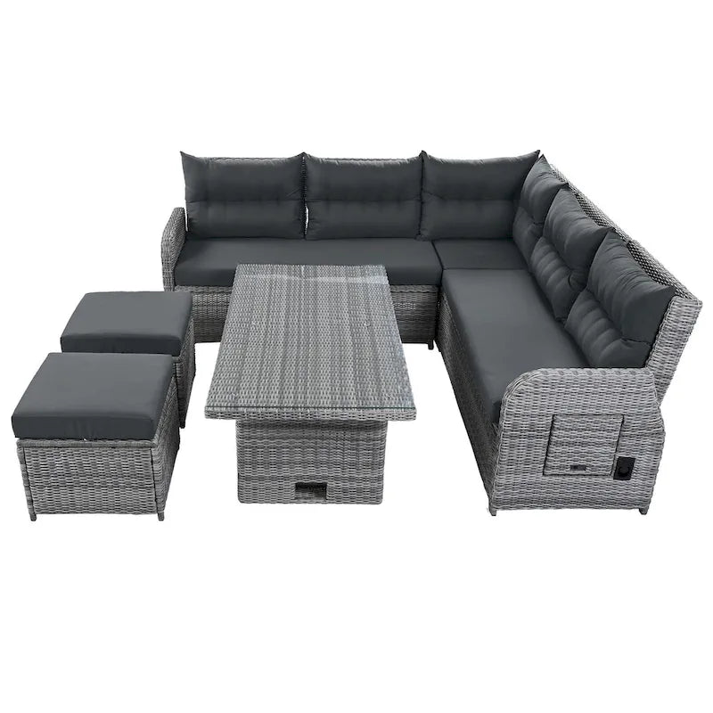 Canapé d'angle d'extérieur en rotin avec table réglable et fauteuils inclinables