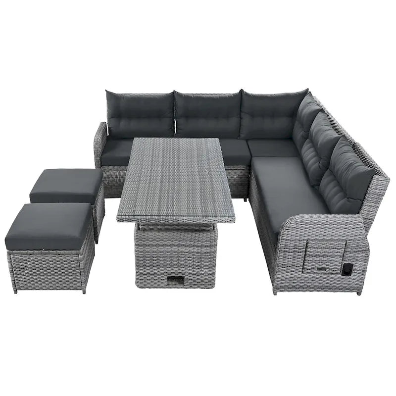 Canapé d'angle d'extérieur en rotin avec table réglable et fauteuils inclinables