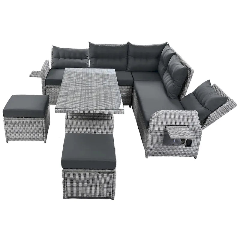 Canapé d'angle d'extérieur en rotin avec table réglable et fauteuils inclinables