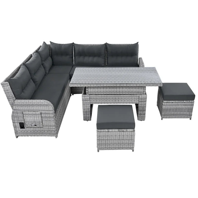 Canapé d'angle d'extérieur en rotin avec table réglable et fauteuils inclinables