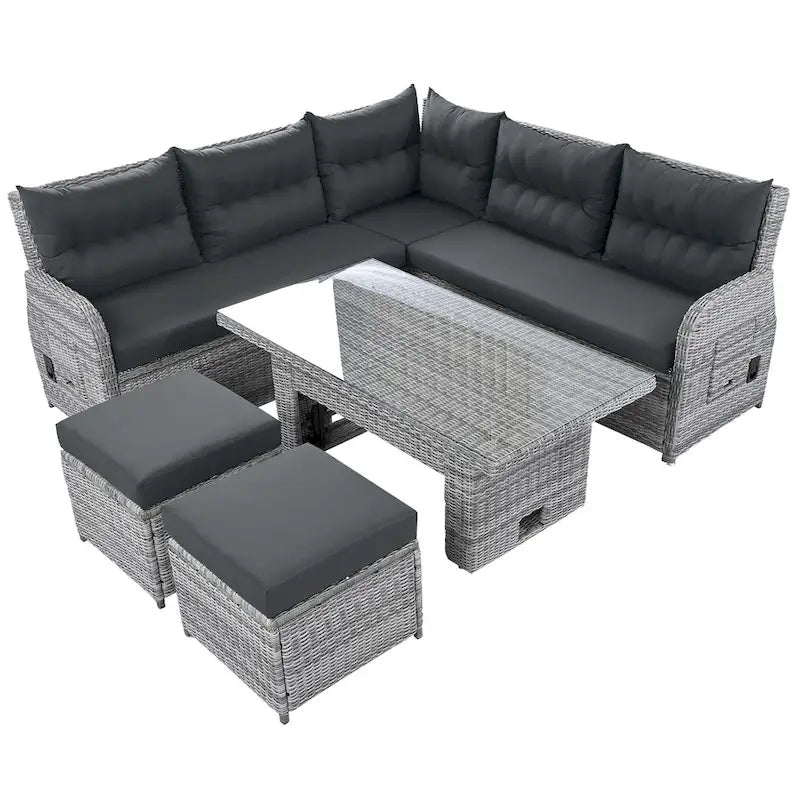 Canapé d'angle d'extérieur en rotin avec table réglable et fauteuils inclinables
