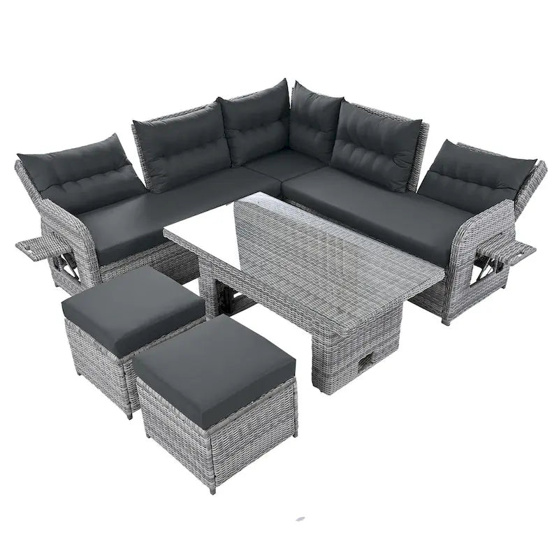 Canapé d'angle d'extérieur en rotin avec table réglable et fauteuils inclinables
