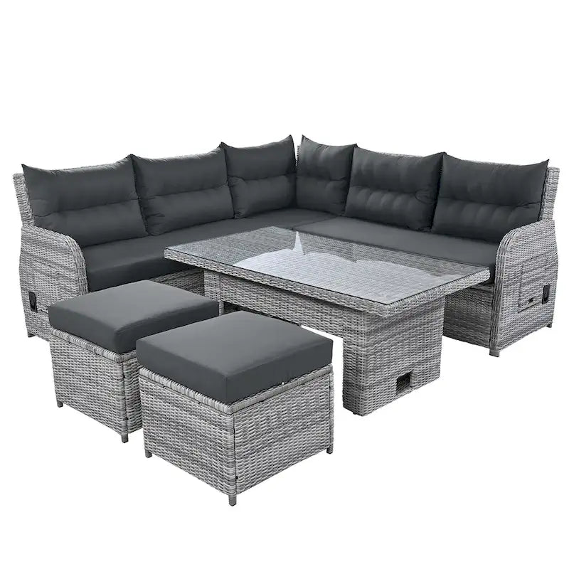 Canapé d'angle d'extérieur en rotin avec table réglable et fauteuils inclinables