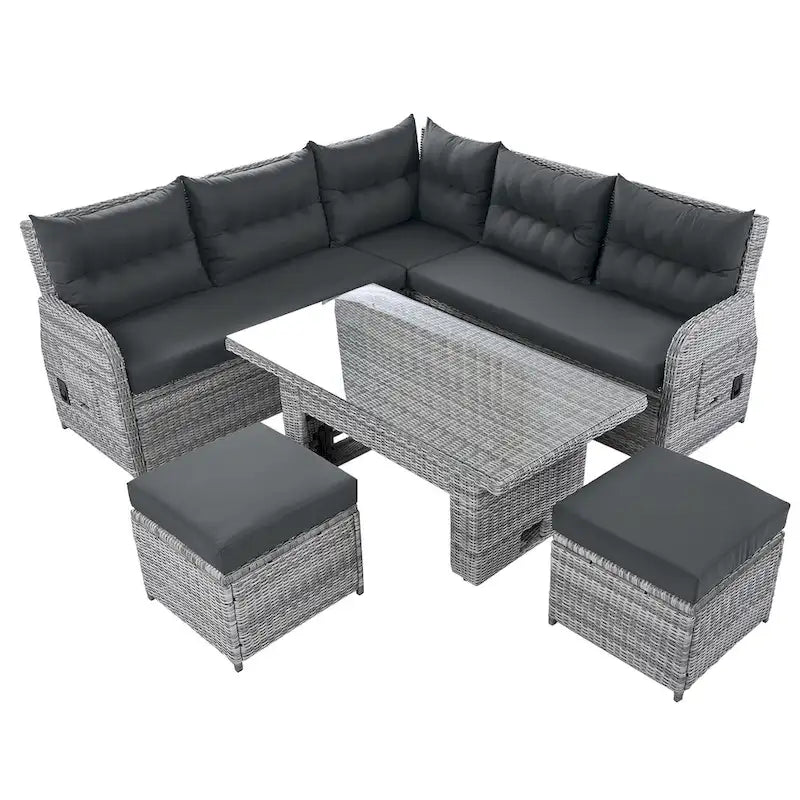 Canapé d'angle d'extérieur en rotin avec table réglable et fauteuils inclinables
