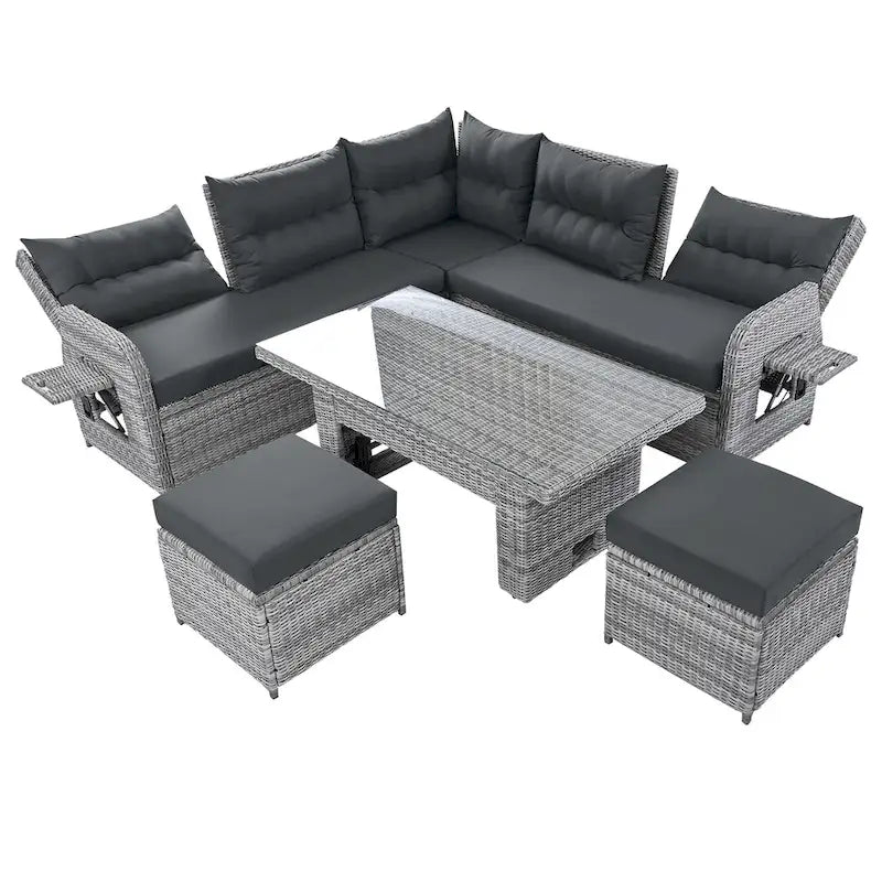 Canapé d'angle d'extérieur en rotin avec table réglable et fauteuils inclinables