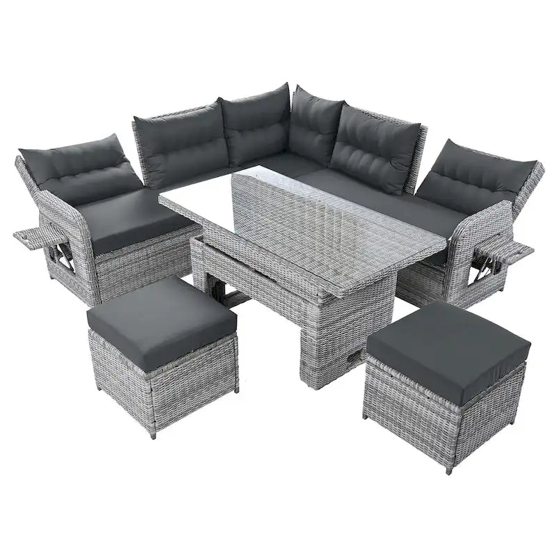 Canapé d'angle d'extérieur en rotin avec table réglable et fauteuils inclinables