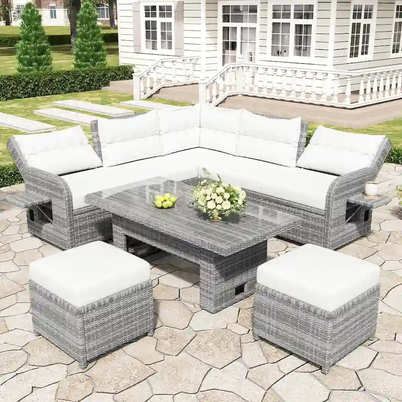 Canapé d'angle d'extérieur en rotin avec table réglable et fauteuils inclinables