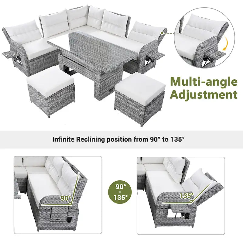 Canapé d'angle d'extérieur en rotin avec table réglable et fauteuils inclinables