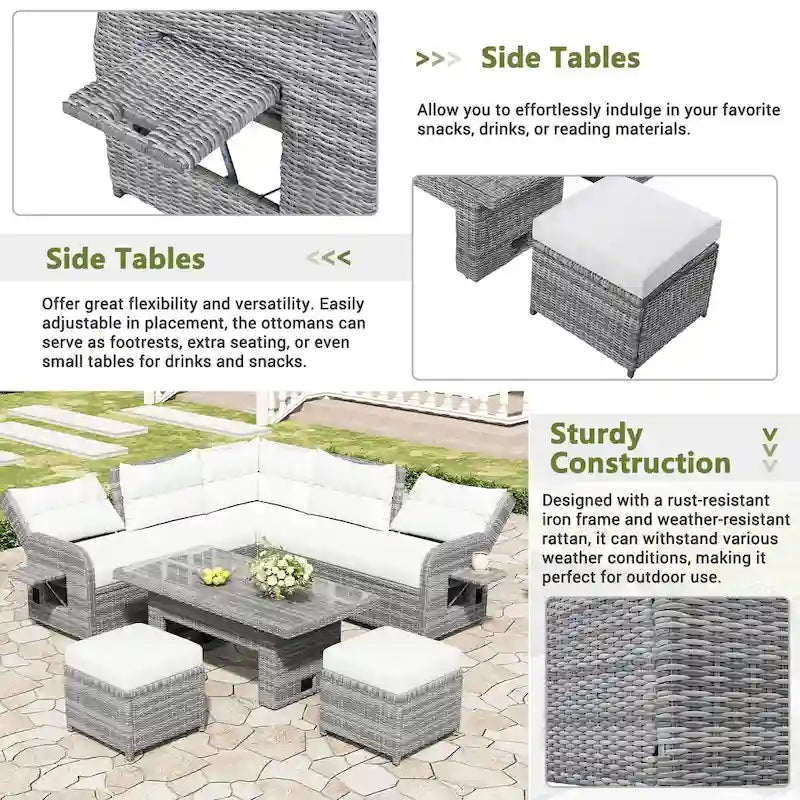 Canapé d'angle d'extérieur en rotin avec table réglable et fauteuils inclinables