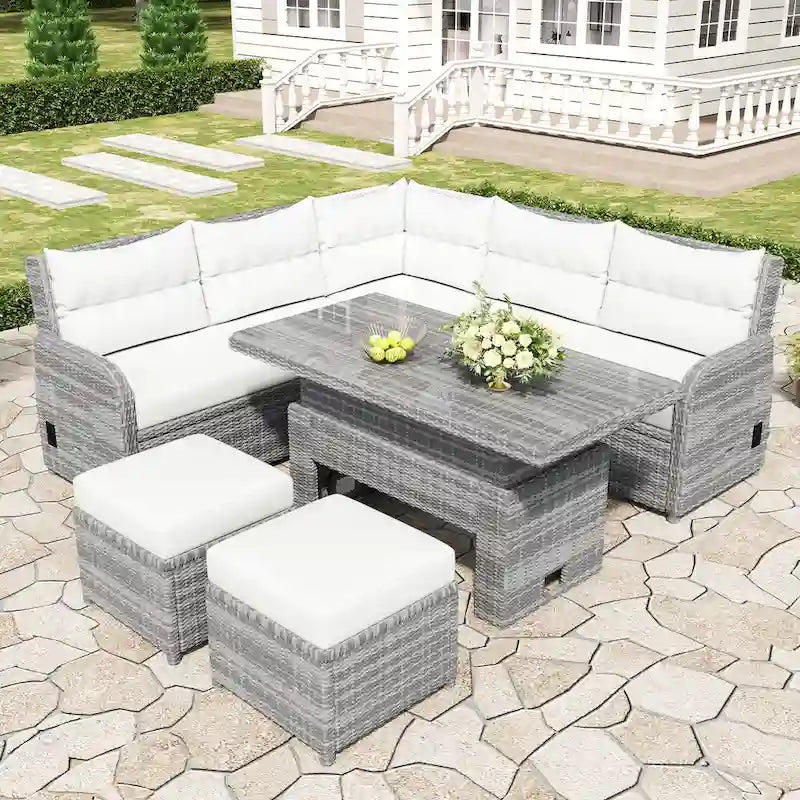 Canapé d'angle d'extérieur en rotin avec table réglable et fauteuils inclinables
