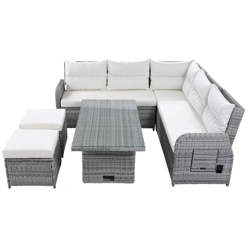 Canapé d'angle d'extérieur en rotin avec table réglable et fauteuils inclinables