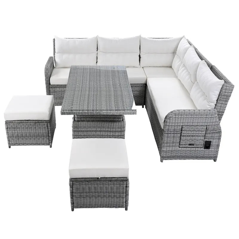 Canapé d'angle d'extérieur en rotin avec table réglable et fauteuils inclinables