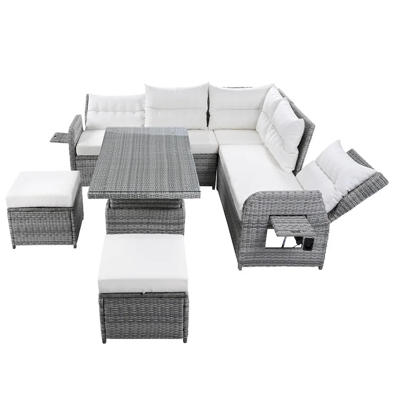 Canapé d'angle d'extérieur en rotin avec table réglable et fauteuils inclinables