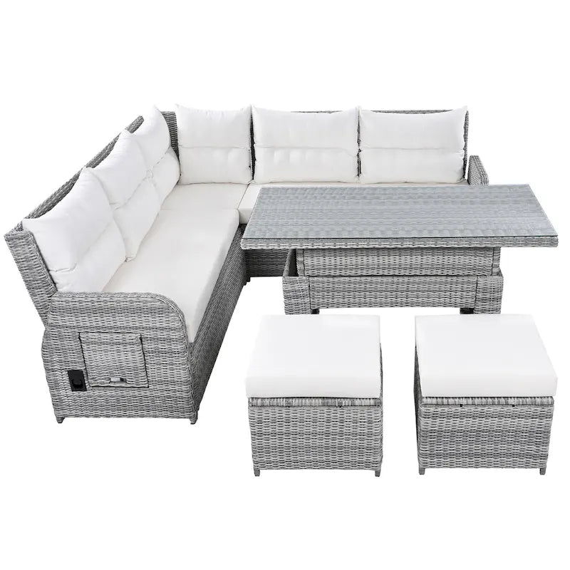 Canapé d'angle d'extérieur en rotin avec table réglable et fauteuils inclinables