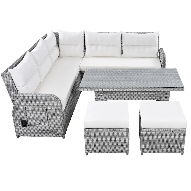 Canapé d'angle d'extérieur en rotin avec table réglable et fauteuils inclinables