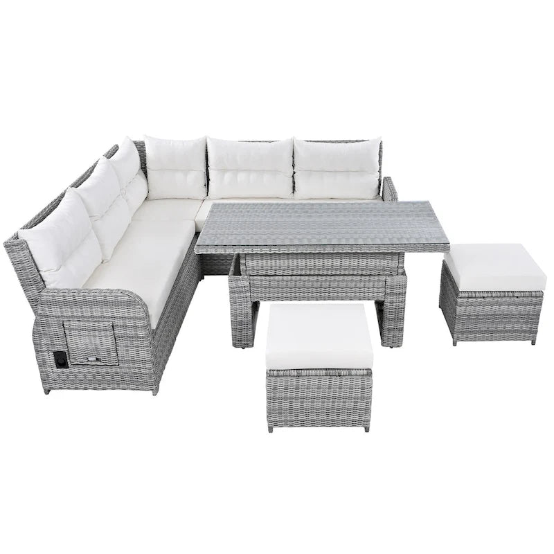Canapé d'angle d'extérieur en rotin avec table réglable et fauteuils inclinables